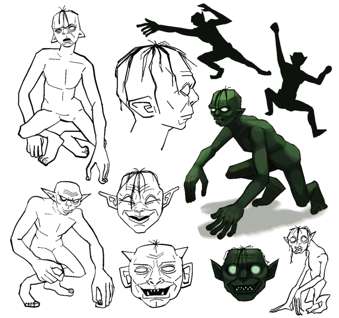 multiple character concept artworks of the goblin from greeds grub