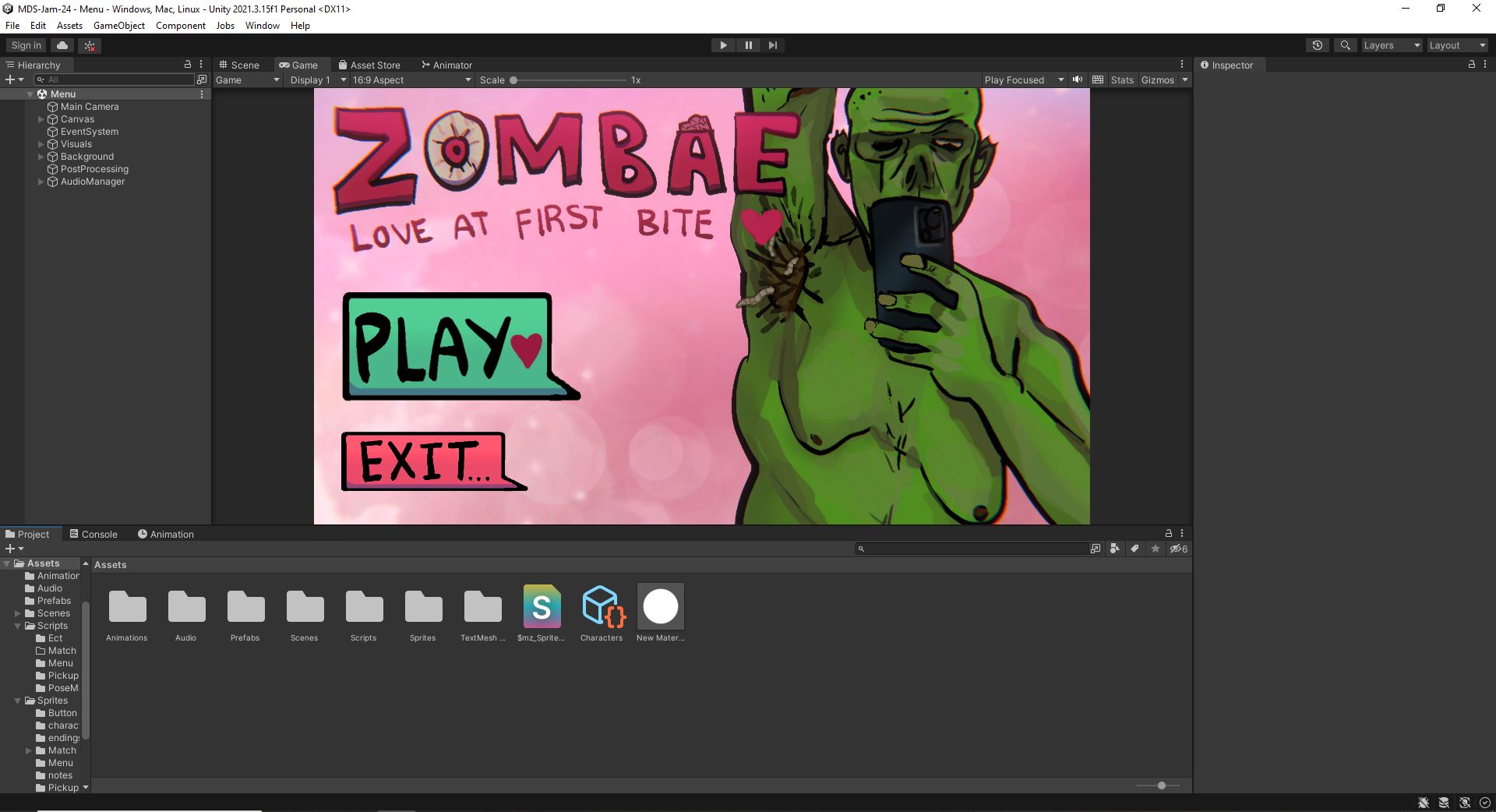 zombae menu screen in unity editor